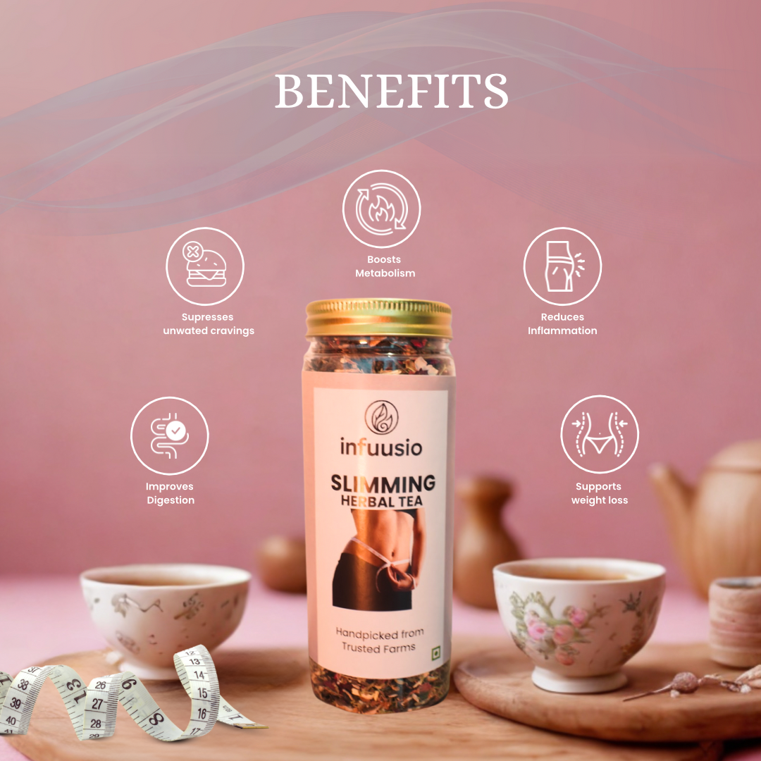 Infuusio Slimming Herbal Tea bottle with benefits on a pink background