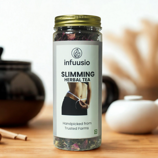 Bottle of infuusio Slimming Herbal Tea on a wooden surface with blurred background