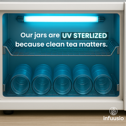 UV sterilizer with blue jars inside, featuring text about UV sterilization for clean tea.