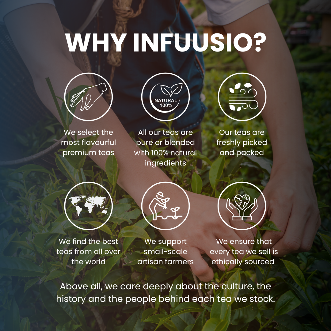 Promotional graphic for Infuusio tea company with text and icons about tea selection and sourcing.